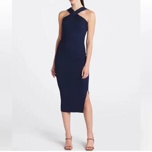 NEW! Michael Stars Opaline Ultra Rib Ruched Midi Dress Admiral navy blue Medium